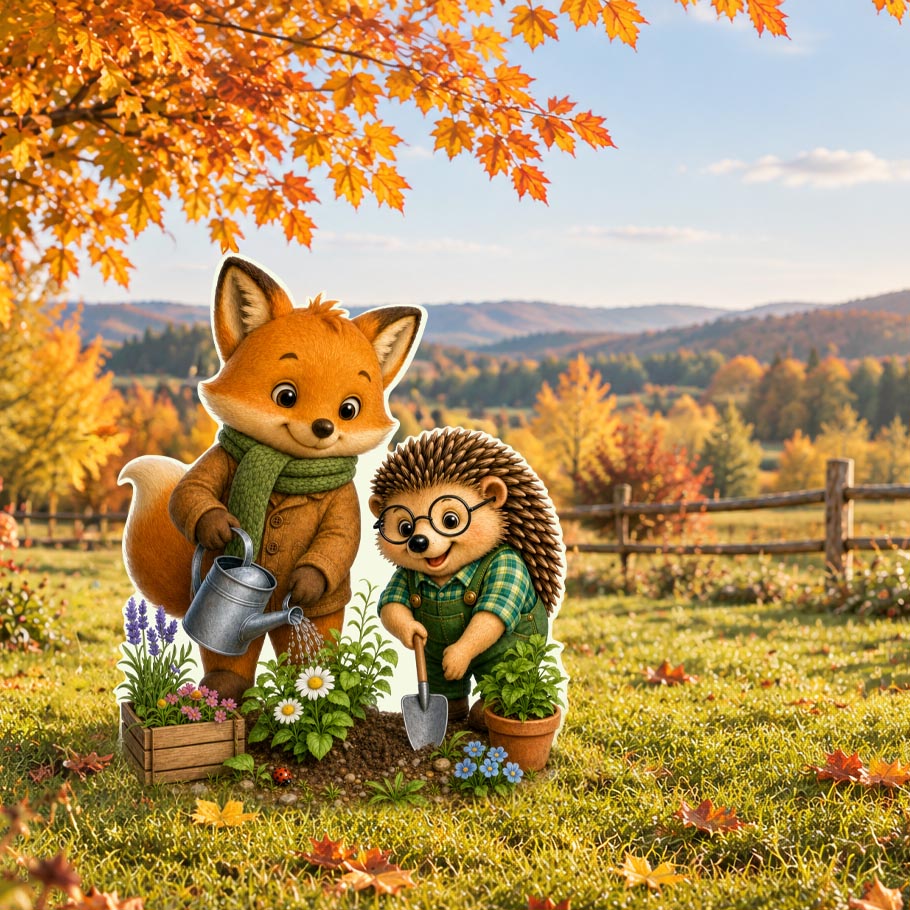 Gartenfigur aus Aluverbund mit Fuchs und Igel bei der Gartenarbeit im herbstlichen Garten