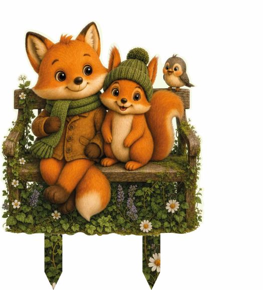Gartenfigur aus Aluverbund mit Fuchs und Eichhörnchen auf der Bank