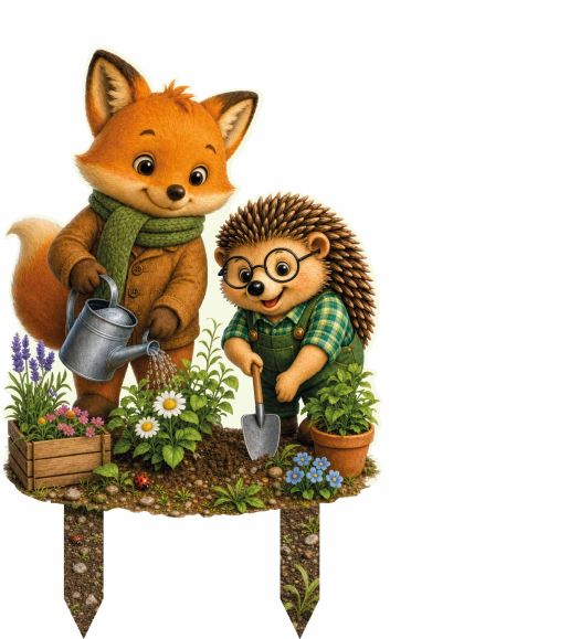 Gartenfigur aus Aluverbund mit Fuchs und Igel bei der Gartenarbeit